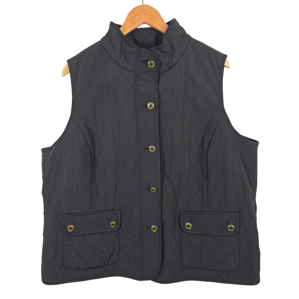 Talbots Woman Black Quilted Vest Gold Button Front Fleece Lined Size 2X